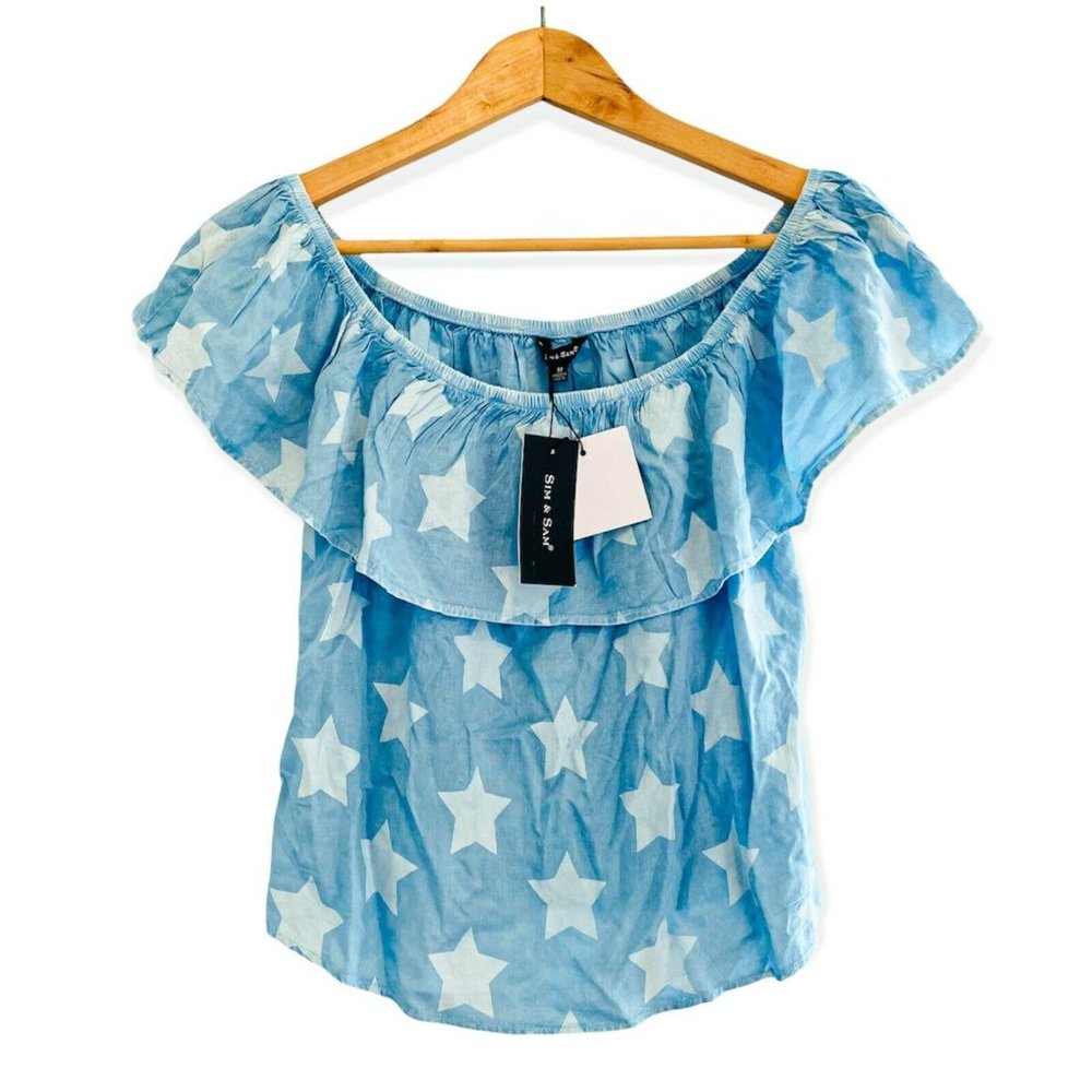 Sim & Sam Women's Sz M Crop Off The Shoulder Curved Hem Stars Print Top Sky Blue